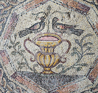 Fragment of Lod Mosaic, famous Roman mosaic floor in Lod town in Israel, displayed in Shelby White and Leon Levy Lod Mosaic Center Editorial Stock Photo