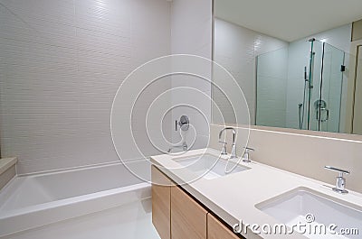 Fragment of luxury bathroom with bathtub and cabinets Stock Photo