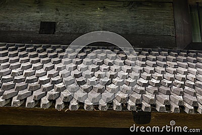 Fragment of the roof and walls of wooden medieval church Stock Photo
