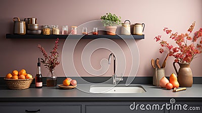 Fragment of modern minimalist kitchen. Gray stone countertop with built-in sink and metallic faucet. Peach tone wall Stock Photo