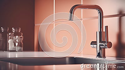 Fragment of modern minimalist kitchen. Gray stone countertop with built-in sink and metallic faucet. Terracotta tile Stock Photo