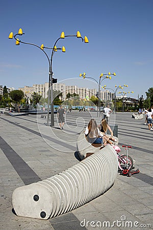 Fragment of a new recreation park on the embankment of the city Editorial Stock Photo