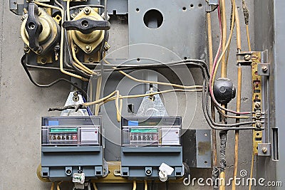 Fragment of an old electrical shield. With messy and carelessly laid wires. Concept: electrical equipment Stock Photo