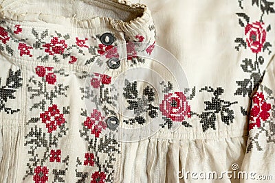 Fragment of an old national Ukrainian vyshyvanka shirt. National clothes of Ukraine. Stock Photo