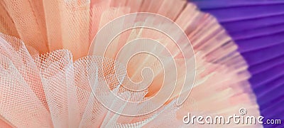 Fragment pair of colorful ballet tutus.Abstract close-up selective focus peach and purple mesh.circle segment.Banner Stock Photo