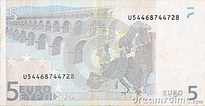 Fragment part of 5 euro banknote close-up with small brown details Stock Photo