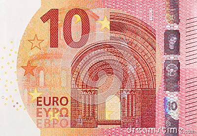 Fragment part of 10 euro banknote close-up with small red details Stock Photo