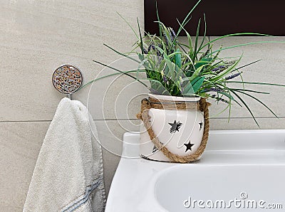 Fragment photo of bathroom, interior detail, bathroom ineterior details close up, decor, decor of bathroom Stock Photo