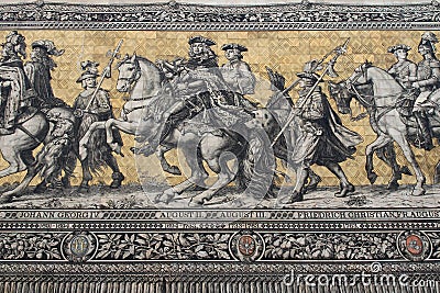 Fragment of the porcelain panel Procession of the Princes, Dresden Editorial Stock Photo