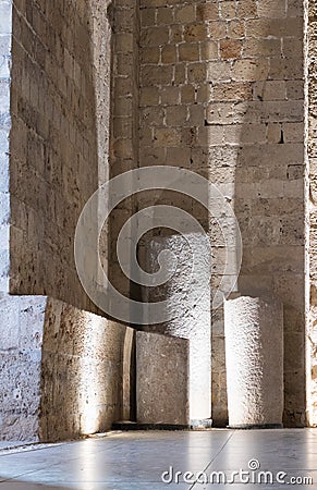 Fragment of the remains of the walls of the inner halls in the ruins of the fortress in the old city of Acre in Israel Stock Photo