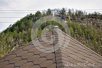 Fragment of the roof covered with flexible shingles in the form of honeycomb on the background of the mountain Stock Photo