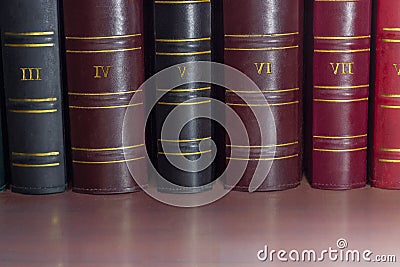 Book spines of old leather-bound tomes on the shelf Stock Photo