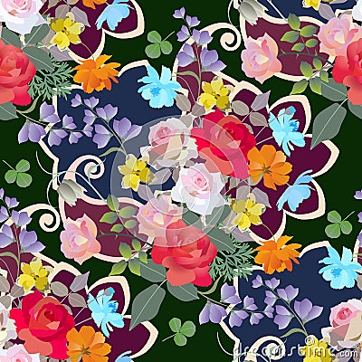 Fragment of spanish shawl. Seamless floral vector pattern with bouquets of gardening flowers Vector Illustration