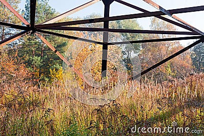 Fragment of steel lattice transmission tower of overhead power line Stock Photo