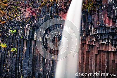Fragment of Svartifoss Black Fall Waterfall. Stock Photo