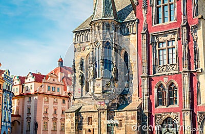 Fragment of 14th-century old town hall, renowned for its observation tower and intricate astronomical clock. Stock Photo