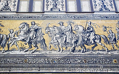 Fragment of a tiled wall panel `Procession of Princes` in Dresden Editorial Stock Photo