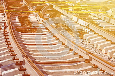 Fragment of tram rails at the stage of their installation and integration into the road. The process of laying a tramwa Stock Photo