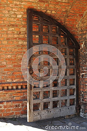 Fragment of the wooden monastery gates. Stock Photo