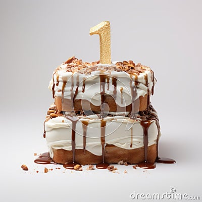 Fragmented Advertising Birthday Cake With Caramel And Number 1 Stock Photo