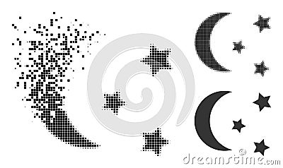 Fragmented Pixel Night Moon Sky Icon with Halftone Version Vector Illustration