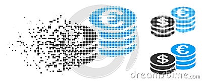 Fragmented Pixelated Halftone Euro And Dollar Coins Icon Vector Illustration