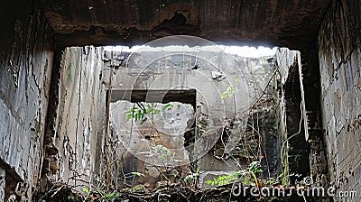 Fragmented View Through Ceiling Gap to Weathered. Generative Ai Stock Photo