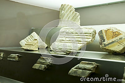 Fragments of decorated cornices of the Temple of Octavian Augustus Editorial Stock Photo
