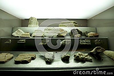 Fragments of decorated cornices of the Temple of Octavian Augustus Editorial Stock Photo