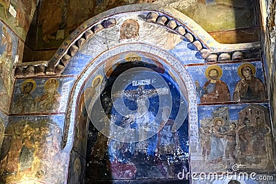 Fragments of frescoes wall paintings on the walls of the Church of the Saviour at Berestove in Kyiv, Ukraine Editorial Stock Photo