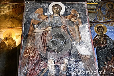 Fragments of frescoes wall paintings on the walls of the Church of the Saviour at Berestove in Kyiv, Ukraine Editorial Stock Photo