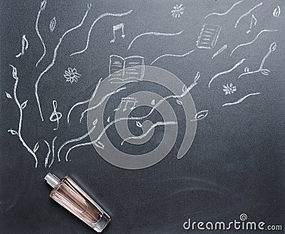 Fragrance bottle with drowing smell on the blackboard from the t Stock Photo