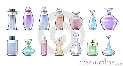 Fragrance bottles. Realistic clear glass with perfumes, collection of elegant cosmetic makeup vials. Vector aroma water Vector Illustration