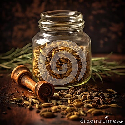 Fragrant fennel seeds in a glass jar on a wooden background Stock Photo