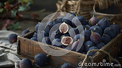 Fragrant figs with their deep purple skin are tered around a wooden tray alongside s of wild gs Stock Photo