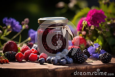 Fragrant Jar wild berry jam. Generate Ai Stock Photo