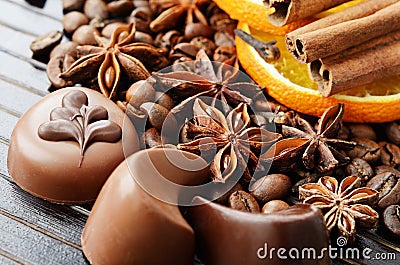 Fragrant spices, coffee and chocolate sweets Stock Photo
