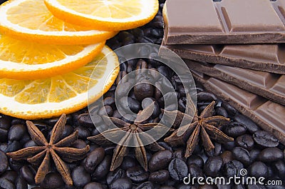 Fragrant spices, coffee, orange and chocolate Stock Photo