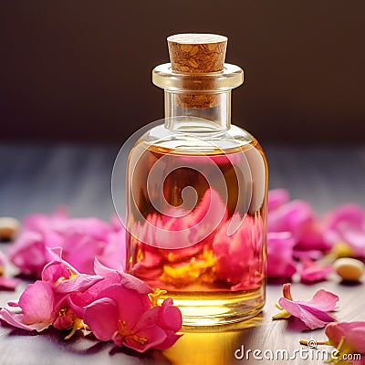 Fragrant yellow massage oil in bottles for SPA treatments and petals of spring flowers Stock Photo