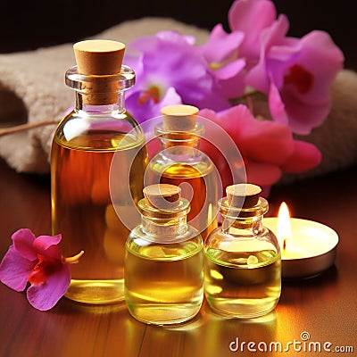 Fragrant yellow massage oil in transparent bottles and beautiful flowers in the spa Stock Photo