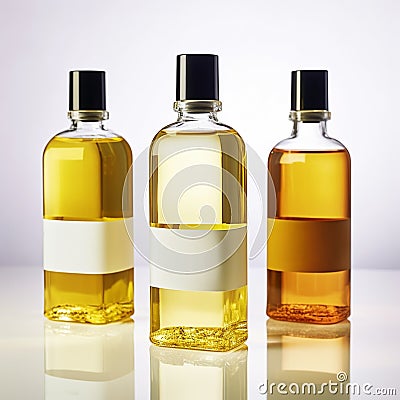 Fragrant yellow massage oil in transparent bottles on a light background, Generative AI, generative artificial intelligence Stock Photo