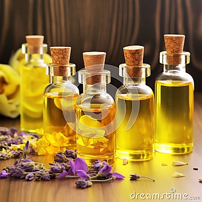 Fragrant yellow massage oil in transparent bottles and pink flowers on the table in the spa salon Stock Photo
