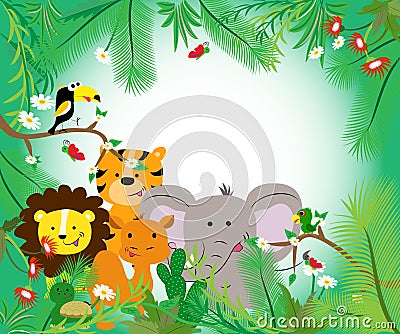 Frame with african animals and leaves. Bright color. Vector illustration Vector Illustration