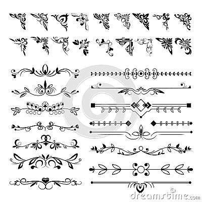 Frame angles or text separation lines, floral pattern elements Vector Illustration