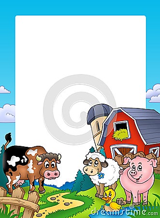 Frame with barn and farm animals Cartoon Illustration