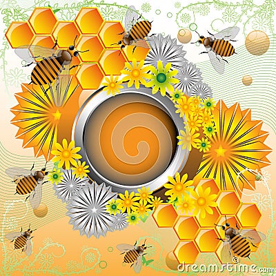 Frame with bees and flowers Cartoon Illustration