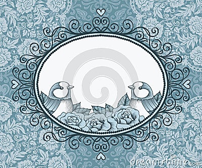Frame with bird and flower on background of lace and heart Vector Illustration