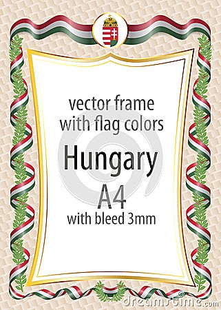 Frame and border with the coat of arms and ribbon with the colors of the Hungary flag Vector Illustration