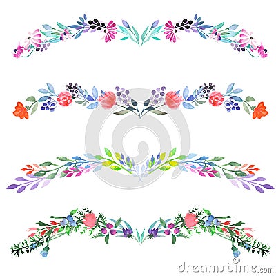 Frame border, floral decorative ornament with watercolor flowers, leaves and branches Stock Photo