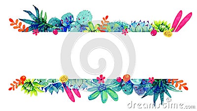 Frame border with flowers, cactuses and succulents on top and bottom. Watercolor hand drawn color sketch illustration Cartoon Illustration